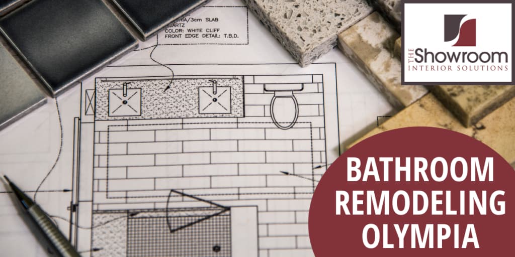 Promo image for "Bathroom Remodeling", Blue prints, sample tiles, pen.